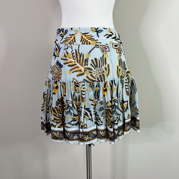 Farm Rio | Tapestry Blue Black Gold Tie Waist Ruffle Designer Mini Skirt XS - Picture 6 of 11